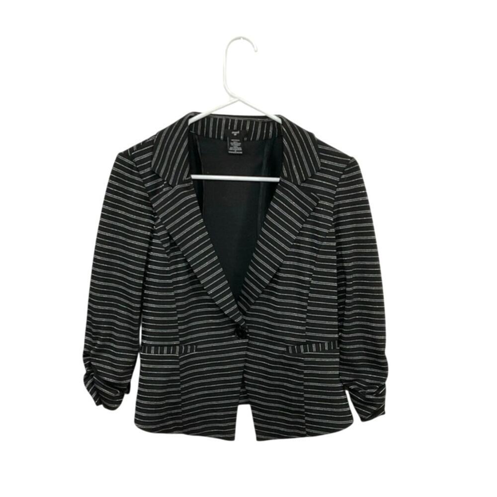 Y2K Stoosh Striped Womens Blazer Sz Medium Black Silver Scrunched 3/4 Sleeves
